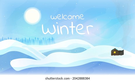 Vektorgrafik. Cartoon 2d Stil. Flache Winterlandschaft. Schneeweißer Hintergrund. Schneewetter. Schneeflocke. Schneefall. Klar blauer Himmel. Blizzard. Abstrakter Hintergrund.