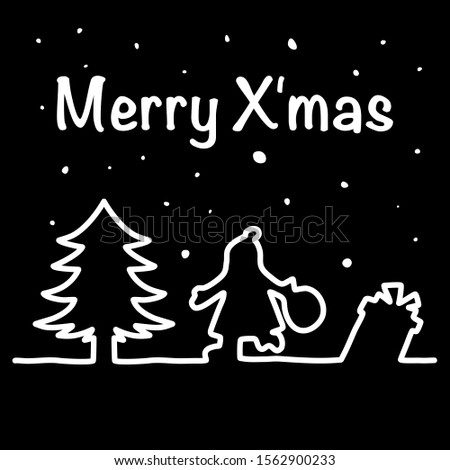 Vector illustration of cartoon about Christmas.
White line like shadow of Christmas Tree, Santa Claus and Gift Box on a black background.