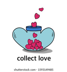 Vector illustration of cartoon about heart shape piggy bank to collect little hearts for love on white background.