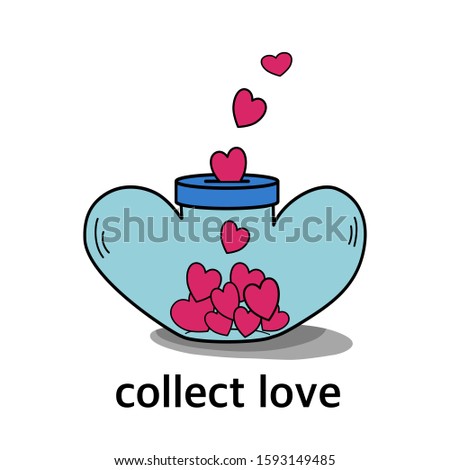 Vector illustration of cartoon about heart shape piggy bank to collect little hearts for love on white background.