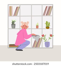 Vector illustration of cartoon about little girl dusting on shelves. Children doing household chores at home.