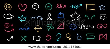 Vector illustration of cartoon abstract collection of neon color line shape element with arrow and icon on black background. Flat hand drawn doodle style design of set of simple different stroke arrow