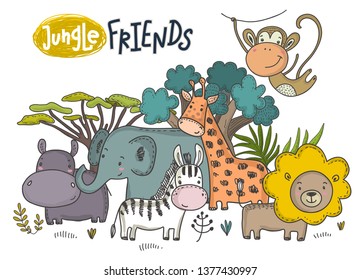 Vector illustration of cartoon African animals. Colorful jungle hand drawn lion, hippo, giraffe, rhino, monkey, sloth, zebra and tropical trees on white background
