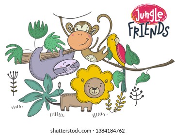Vector illustration of cartoon African animals. Colorful jungle hand drawn lion, parrot, monkey, sloth white background