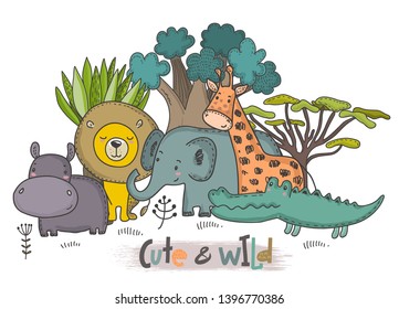 Vector illustration of cartoon African animals. Colorful jungle hand drawn lion, elephant, crocodile, hippo, giraffe and tropical trees on white background