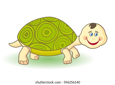 Vector Illustration of Cartoon African wild animals.Cute green smiling  turtle  on a white background. Can be used for children's books,cards.