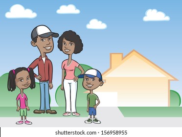 Vector illustration of cartoon african-american family and house. Easy-edit layered vector EPS10 file scalable to any size without quality loss. High resolution raster JPG file is included.