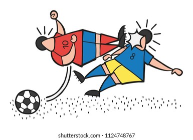 Vector illustration cartoon aggressive soccer player man flying kick to other soccer player's face.