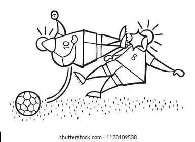 Vector illustration cartoon aggressive soccer player man flying kick to other soccer player's face.