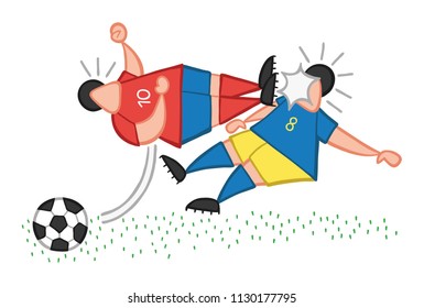 Vector illustration cartoon aggressive soccer player man flying kick to other soccer player's face.