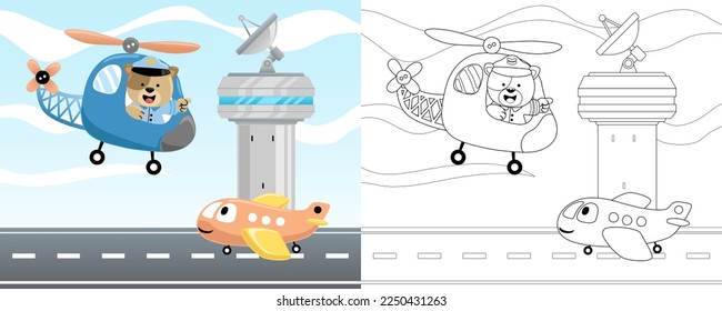 Vector illustration of cartoon aircraft in airport with cat on helicopter. Coloring book or page