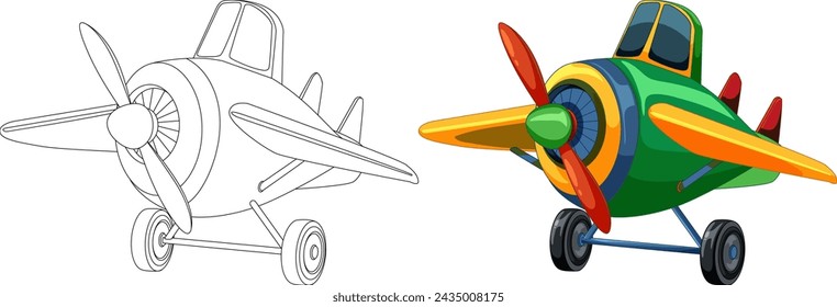 Ilustración vectorial de un avión de dibujos animados, coloreado y delineado.