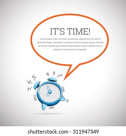 Vector illustration of a cartoon alarm clock blaring with talk bubble copyspace.