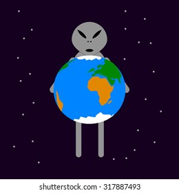 Vector illustration of cartoon alien with Earth.