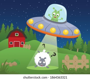 Vector illustration of cartoon alien in UFO kidnapped a sheep in farm field