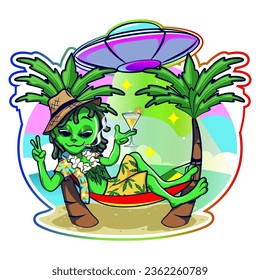 vector illustration of a cartoon alien wearing a straw hat, trousers patterned with marijuana leaves and clothes with floral patterns, relaxing on the beach while flying a UFO over the sea