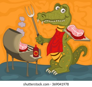 Vector illustration of a cartoon alligator with barbecue and a delicious steak.