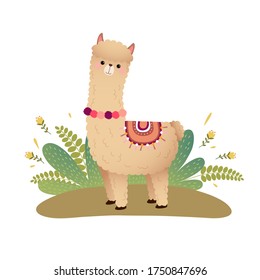 Vector illustration of a cartoon alpaca on a ground.