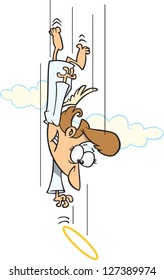 A vector illustration of cartoon angel chasing after her falling halo