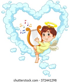 Vector illustration of a cartoon angel sitting on a cloud and playing on the Harp