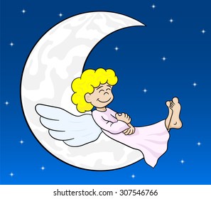 vector illustration of a cartoon angel sleeping on the moon