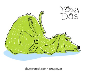 Vector illustration with cartoon angry green dog. The dog is afraid and covers his head with his paws.