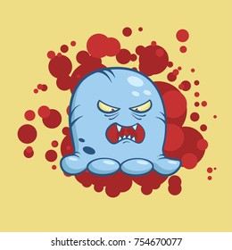 Vector illustration of cartoon angry monster with big teeth on blood stains background. Object image to create original web games or graphic design.