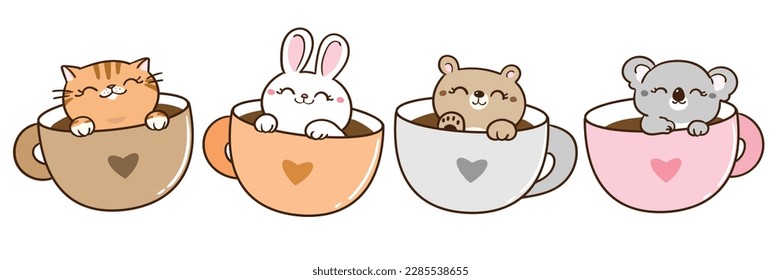 Vector Illustration of Cartoon Animal in Coffee Cup Characters on Isolated Background