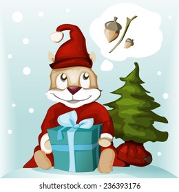 Vector illustration of a cartoon animal with gifts near a Christmas tree dreaming about discounts.