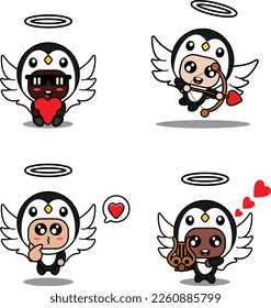vector illustration cartoon animal mascot costume character penguin cupid set bundle