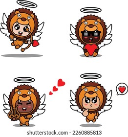vector illustration cartoon animal mascot costume character lion cupid set bundle