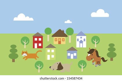Vector illustration cartoon animal and town. 