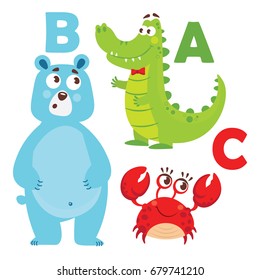 Vector illustration of cartoon animals. Alphabet design in a colorful style. Education card for children. Letter A, B, C. Bear, alligator, crab