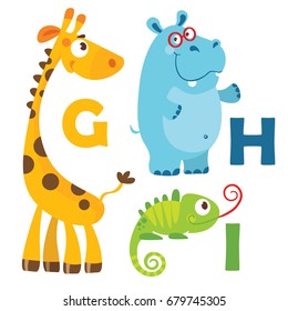 Vector illustration of cartoon animals. Alphabet design in a colorful style. Education card for children. Letter I, H, G. Giraffe, iguana, hippopotamus