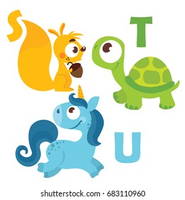 Vector illustration of cartoon animals. Alphabet design in a colorful style. Education card for children. Letter S,T,U. Unicorn, turtle, squirrel.