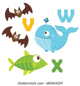 Vector illustration of cartoon animals. Alphabet design in a colorful style. Education card for children. Letter V,W,X. X-ray fish,whale,vampire mouth.