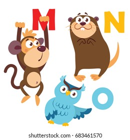 Vector illustration of cartoon animals. Alphabet design in a colorful style. Education card for children. Letter M,N,O. Monkey,owl,nutria.