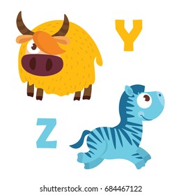 Vector illustration of cartoon animals. Alphabet design in a colorful style. Education card for children. Letter Y,Z. Zebra, yak