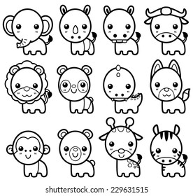Vector Illustration of Cartoon animals - Coloring book