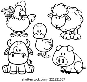 Vector Illustration of Cartoon Animals farm set - Coloring book