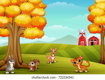 Vector illustration of Cartoon animals in the farm background