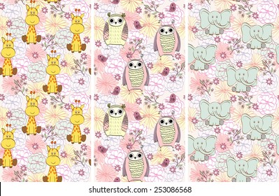 Vector illustration with cartoon animals with flowers. Seamless pattern