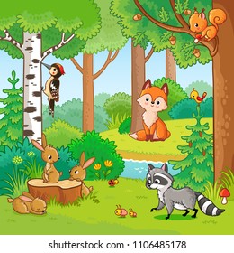 Vector illustration with cartoon animals in the forest. Picture in the children's style. Set of animals.