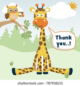 Vector illustration of cartoon animals, giraffe sitting and owl perch on tree branches on trees background