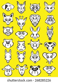 Vector illustration of cartoon animals head collection in line art mode