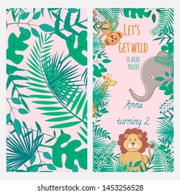 Vector illustration with cartoon animals and inscription Let's Get Wild and pattern with leaves. For birthday, baby shower or party invitation, nursery room poster, print design.