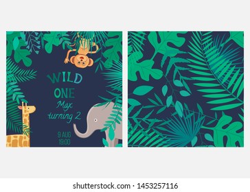 Vector Illustration With Cartoon Animals And Inscription Wild One And Pattern With Leaves. For Birthday, Baby Shower Or Party Invitation, Nursery Baby Room Poster, Print Design.