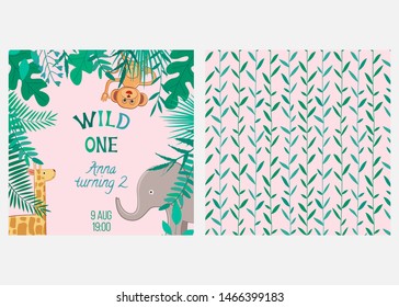 Vector illustration with cartoon animals and inscription Wild One. For birthday, baby shower or party invitation, nursery baby room poster, print design.