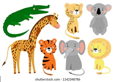 Vector illustration of cartoon animals isolated set: koala, lion, tiger, leopard, elephant, giraffe, crocodile. 