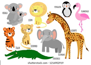Vector illustration of cartoon animals isolated set: koala, lion, penguin, flamingo, tiger, leopard, elephant, giraffe, crocodile. 